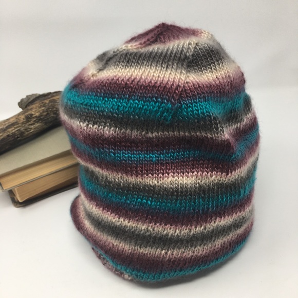 Handknitted Striped Burgundy Teal Cream Grey Ribbed Edge Unisex Slouchy Hat - Picture 3 of 16